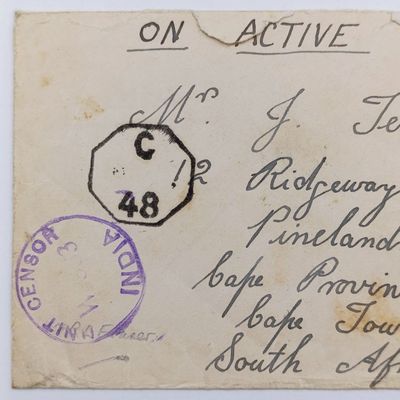 Dn Active Service Cover India to Cape Town, South Africa - WW2 period with UNIT CENSOR INDIA W353 mark plus C48 mark