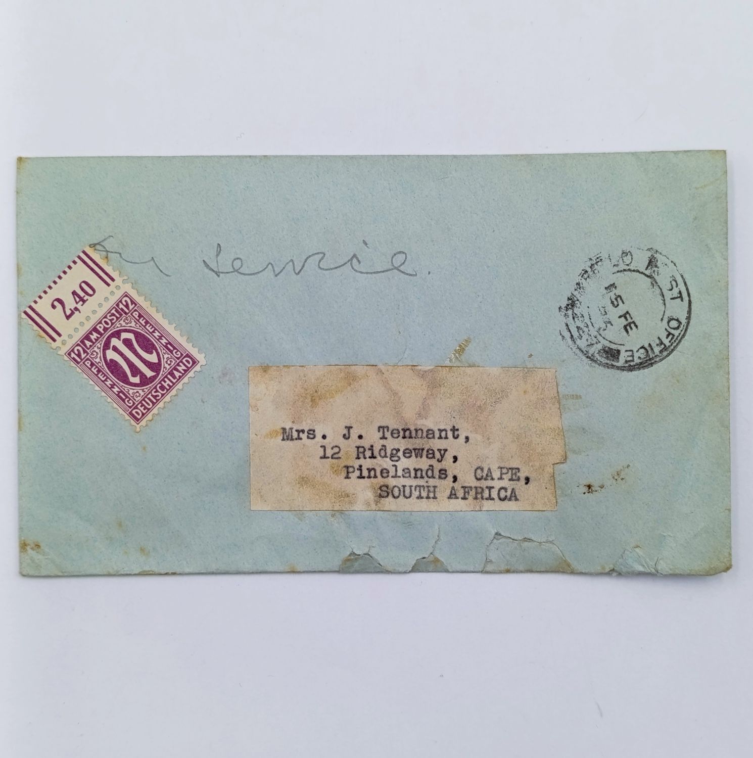 On Service 1945 WW2 Post cover with Field Post office 227 cancel posted to South Africa - with German 12 pfennig AM Post stamp