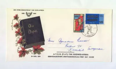 South West Africa 24 August 1970 Bible society stamps of first day cover with Windhoek cancelation