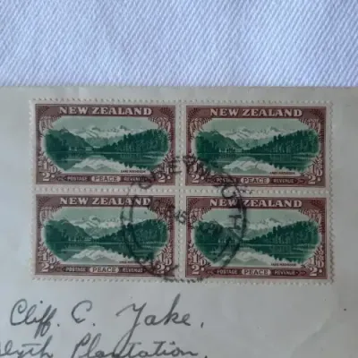Postal cover from Greymouth, New Zealand to Transkei, South Africa with 1/2d block stamps - 1945
