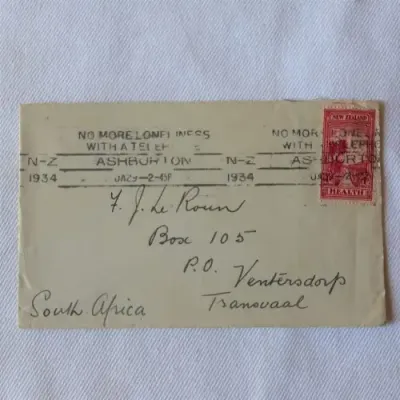 Postal cover from Ashburton, New Zealand to Transvaal, South Africa with 1d New Zealand stamp - 1934