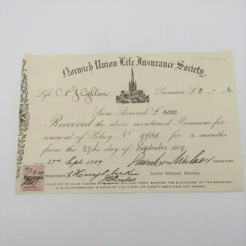 Receipt Norwick Union Life Insurance Society - premium of 11-0-6 paid on 3000 pound policy in 1909