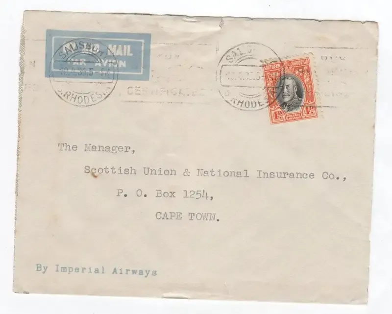 Salisbury, Southern Rhodesia cover sent to Cape Town, South Africa with Southern Rhodesia stamp