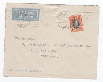 Salisbury, Southern Rhodesia cover sent to Cape Town, South Africa with Southern Rhodesia stamp