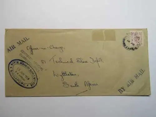 Certified Official Correspondence Air Mail British Fleet to South Africa from Singapore