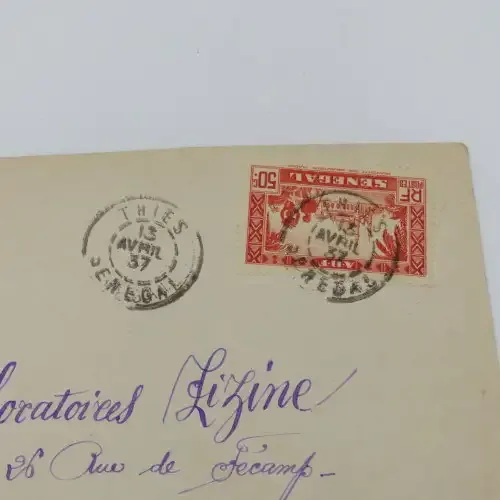 1937 Postal cover from Thies, Senegal to Paris with 50 c Senegal stamo cancelled 13 April 1937