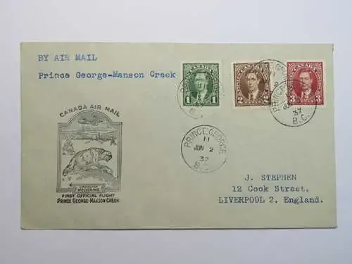 1937 Canadian airmail cover from Prince George, Canada to Liverpool, England