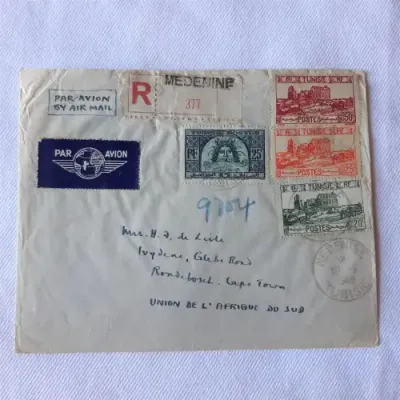 Airmail cover from Medenine, Tunisia to Cape Town, South Africa with 4 Tunisian stamps