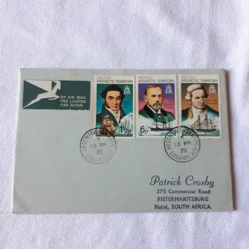 Airmail cover from Argentine Islands to Pietermaritzburg South Africa - With 3 British stamps