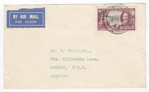 Southern Rhodesia cover sent to London by Air Mail with S. Rhodesia stamp - Cancellation unclear