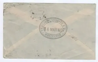 Flight cover exterior Montevideo, Uruguay to Boston USA - with 3 Uruguay stamps cancelled 1932