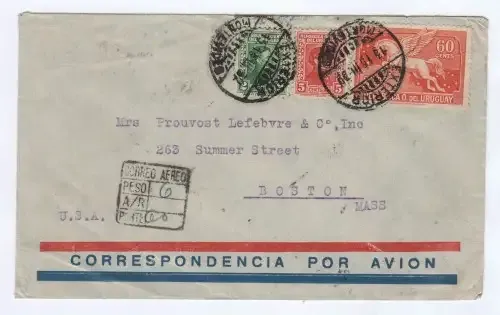 Flight cover exterior Montevideo, Uruguay to Boston USA - with 3 Uruguay stamps cancelled 1932