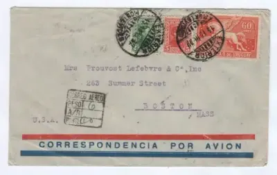 Flight cover exterior Montevideo, Uruguay to Boston USA - with 3 Uruguay stamps cancelled 1932