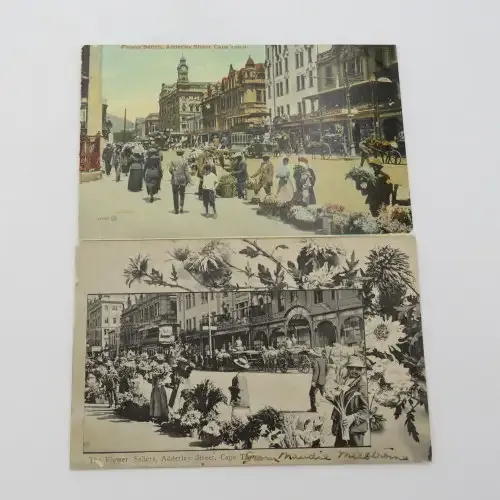 2 Different postcards with pictures of the Flower sellers in Cape Town - Antique