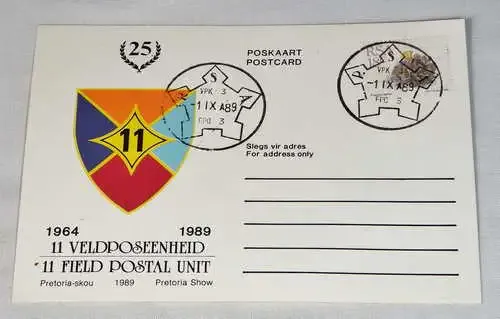Pretoria show 1989 - 11 field postal unit postcard cancelled with FPO 3 RSA Cancellation
