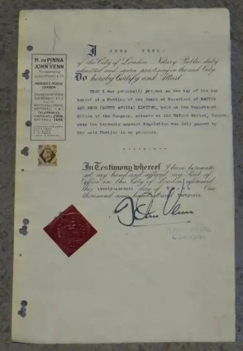 Notary Public Document signed by John Venn for a meeting held by Directors at Mappin and Webb