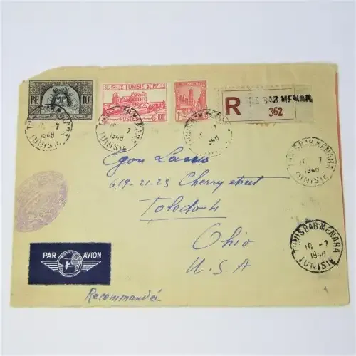 Airmail Tunisia registered cover to USA 1948