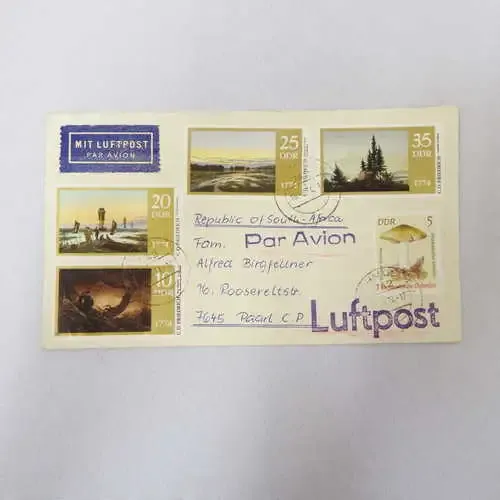 Airmail cover from Schmolln Germany to Paarl South Africa with airmail tag Par Avion and Luftpost