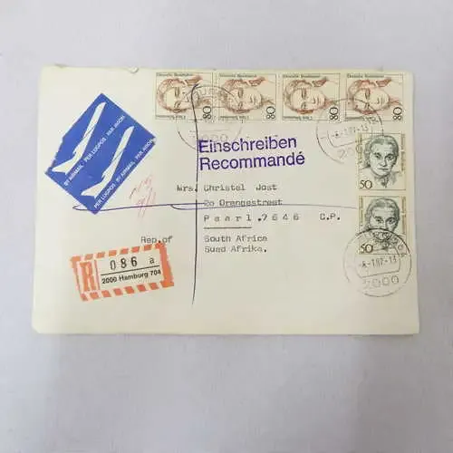 Airmail cover from Hamburg Germany to Paarl South Africa with Airmail tag
