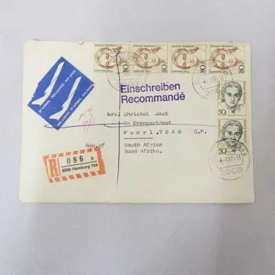 Airmail cover from Hamburg Germany to Paarl South Africa with Airmail tag