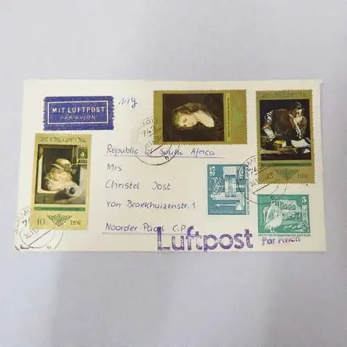 Airmail cover from Schmolln, DDR to Paarl, South Africa with airmail tg, Luftpost INK stamp