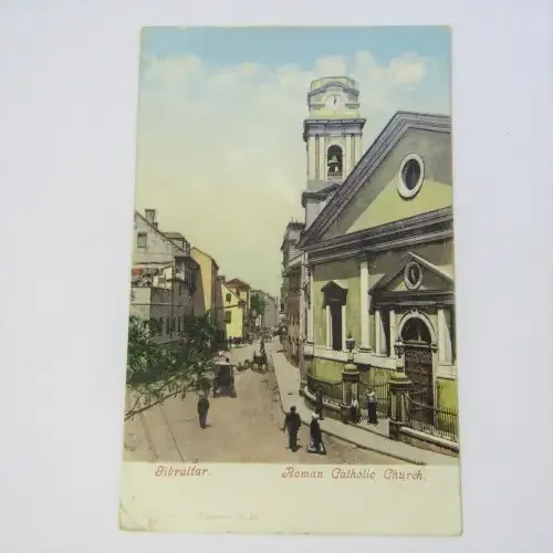 Gibraltar penny on postcard with British Post office Tangier cancellation