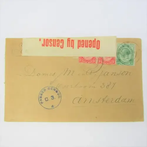 Censor cover from Dullstroom via Cape town South Africa to Amsterdam Netherlands - 25 August 1915