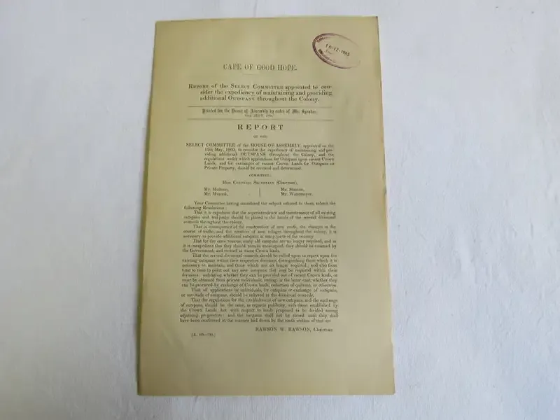 1860 Cape of Good Hope original Report of the select committee on providing additional outspans
