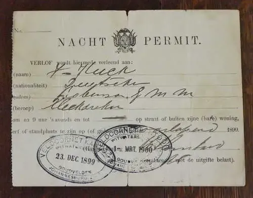 Boer War Night permit (Boer forces) 1899 for person to be on street after 9 PM - Issued 23-12-1899