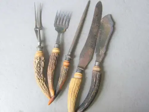 Antique carving set of 5 with horn handles and sterling silver trimmings