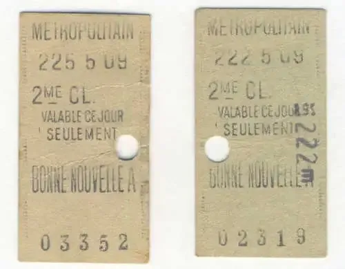 Metropolitan pair of Bonne Nouvellea - Paris Metro tickets - Vintage