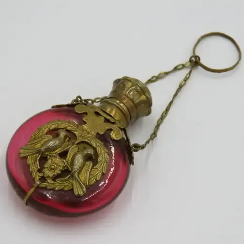Antique Gilt brass cranberry glass perfume holder