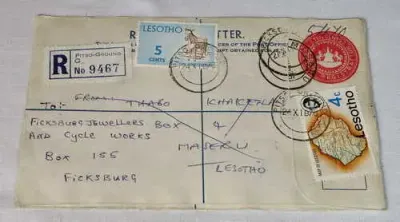 Registered letter Pitso-Ground Lesotho to Ficksburg South Africa with pre printed registration