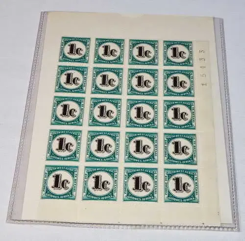 South West Africa SACC 56 Postage Due block of 20 stamps - Mint