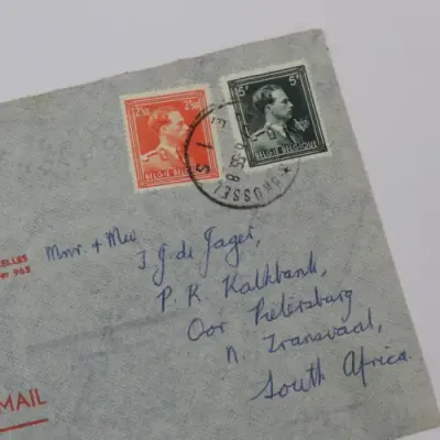 Airmail letter from Brussel, Belgium to Pietersburg, South Africa with 2 Belgian stamps