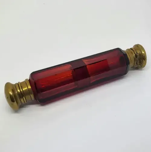 Antique Victorian Cranberry glass double lidded perfume bottle - No stoppers
