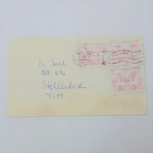 1993 Letter sent inside Stellenbosch with 3 x 20 cent postage labels
