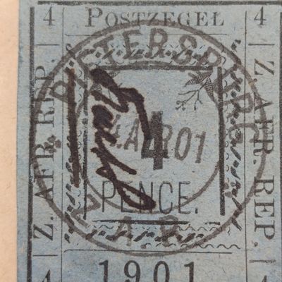 1901 ZAR Pietersburg type 1 used 4 pence stamp on card - SACC 10 - used at Pietersburg