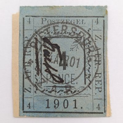 1901 ZAR Pietersburg type 1 used 4 pence stamp on card - SACC 10 - used at Pietersburg