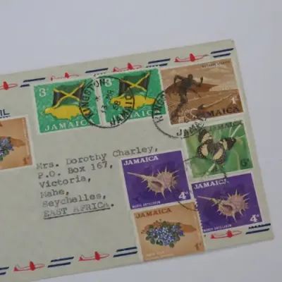 Airmail cover sent from Kingston, Jamaica to Mahe, Seychelles with 9 colorful Jamaican stamps