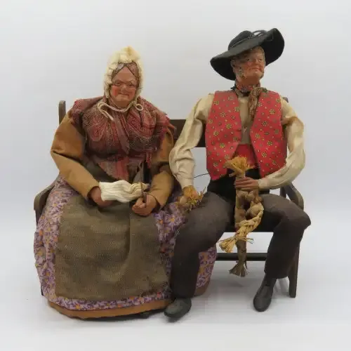 Antique French Santon clay grandma and grandpa dolls