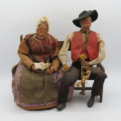 Antique French Santon clay grandma and grandpa dolls