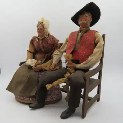 Antique French Santon clay grandma and grandpa dolls