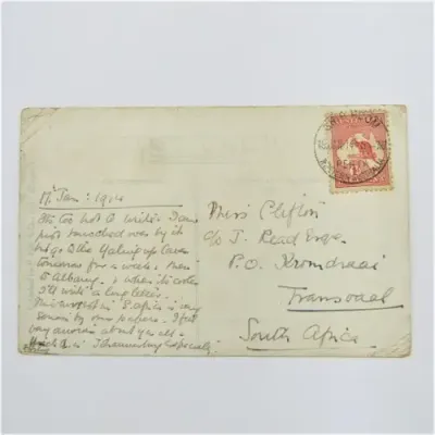 Australian 1d on postcard 1914, ship room, Western Australia, Perth cancellation to South Africa