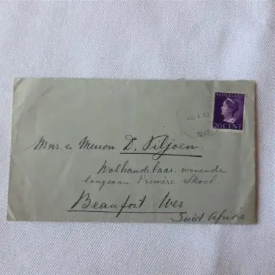 Postal cover from Netherlands to Beaufort West, South Africa with 20 cent Nederland stamp