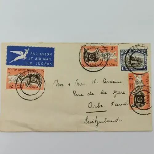 Postal cover - Airmail Franklin, South Africa to Orbe-Vand, Switzerland - See description