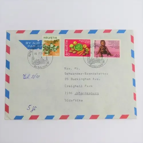 Postal cover - Airmail Stationery posted from Switzerland to Johannesburg, South Africa