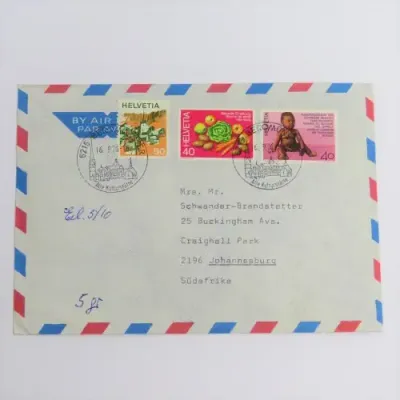 Postal cover - Airmail Stationery posted from Switzerland to Johannesburg, South Africa