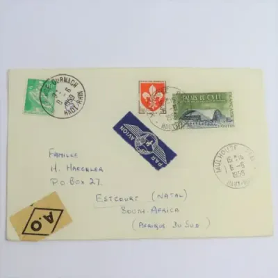 Postal cover - Airmail Haut-Rhin, France to Estcourt, South Africa posted 6-6-1959