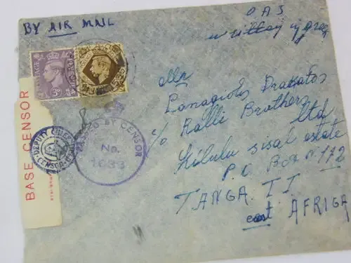 Censored Airmail cover Field Post Office to Tanganjika with Base censor sticker and 2 censor rubber
